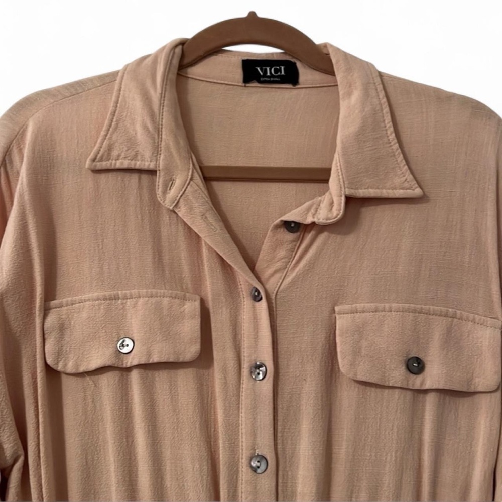 Vici Beige Tan Linen Drawstring Shirt Dress XS - Picture 6 of 12